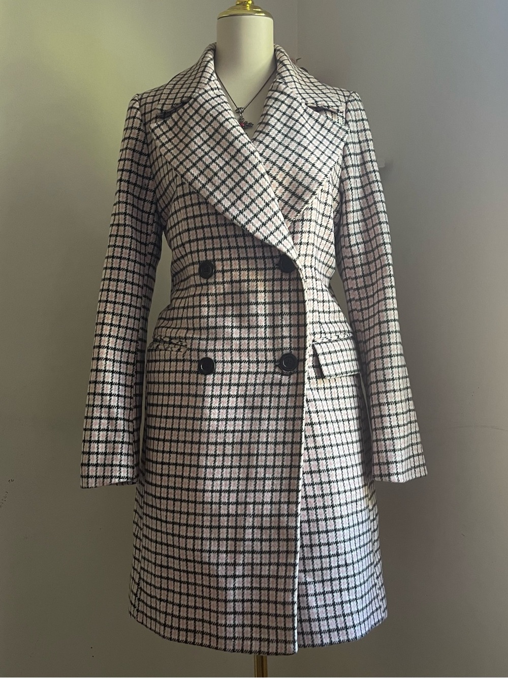 Forever 21 Black & White Plaid Double-Breasted Pea Coat